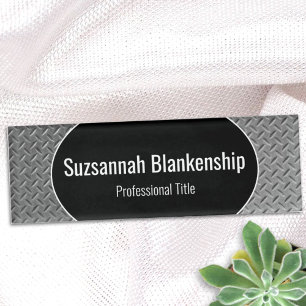 Badge D'identification Balise Faux Metal Diamond Plate Black Center Nom