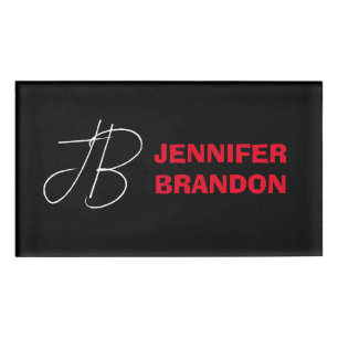 Badge D'identification Black White Red Handwriting Monogramme Ajouter un
