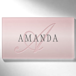 Badge D'identification Blush Élégant Faux Or Rose   Nom & Monogramme