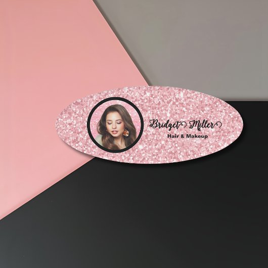 Badge D'identification Blush Glitter hair salon elegant script photo