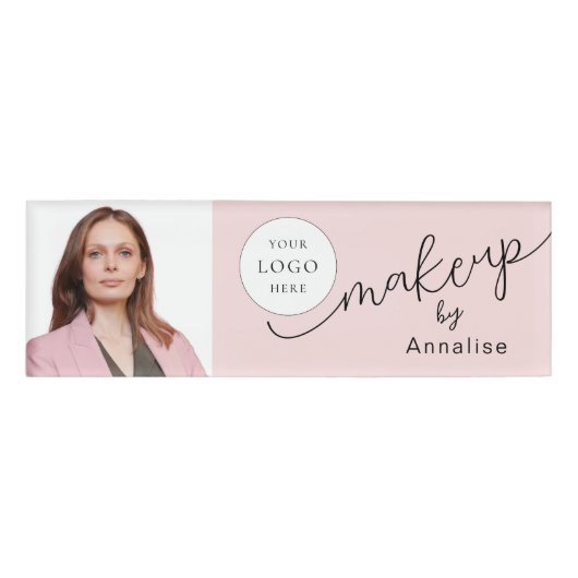 Badge D'identification Blush Pink Script Logo Photo Makeup (Devant)