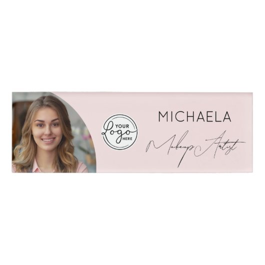 Badge D'identification Blush Pink Script Logo Photo Makeup (Devant)