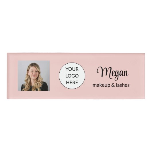 Badge D'identification Blush Rose Logo Script Photo Maquillage (Devant)
