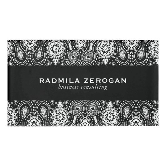 Badge D'identification Cadre en dentelle florale noir et blanc (Devant)