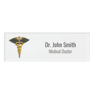 Badge D'identification Classy Gold Caduceus Black Wings Élégant Médicale