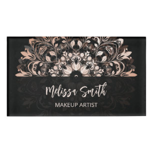 Badge D'identification Code QR Rose Gold Black Floral Mandala