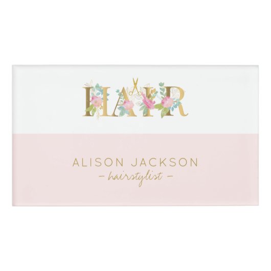Badge D'identification Coiffeur salon or rose blush glam coiffeuse (Devant)