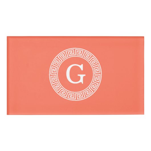 Badge D'identification Corail Blanc Grille Clé grecque Cadre initial Mono (Devant)