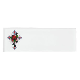 Badge D'identification Croix d'argent avec une rose rouge