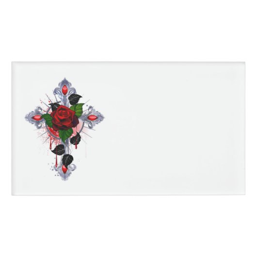 Badge D'identification Croix d'argent avec une rose rouge (Devant)
