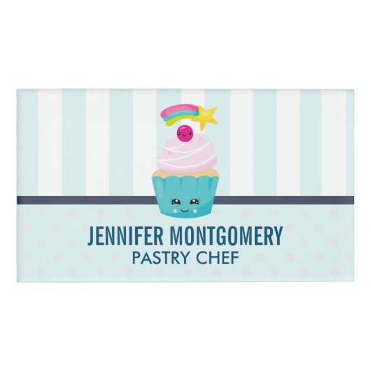 Badge D'identification Cupcake bleu mignon avec visage Kawaii (Devant)