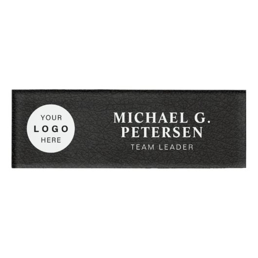 Badge D'identification Custom logo elegant black leather white title (Devant)