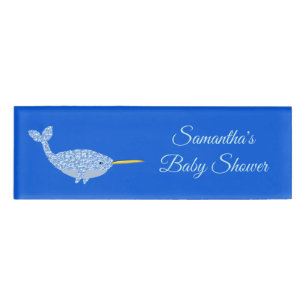 Badge D'identification Cute Blue Baby Boy Narwhal Baby shower personnalis
