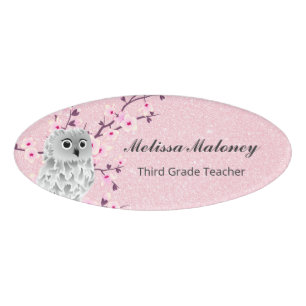 Badge D'identification Cute Owl Cherry Blossoms Parties scintillant rose