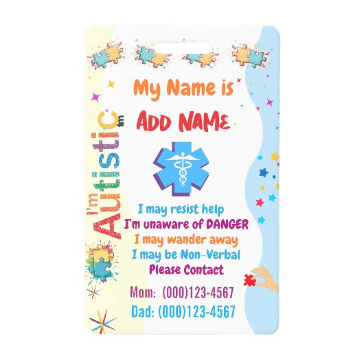 Badge d'identification d'alerte pour l'autisme non