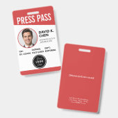 Badge d'identification de laissez-passer de presse (Avant & arrière)