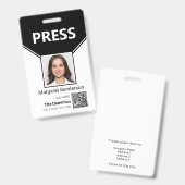 Badge d'identification de presse avec photo et cod (Avant & arrière)
