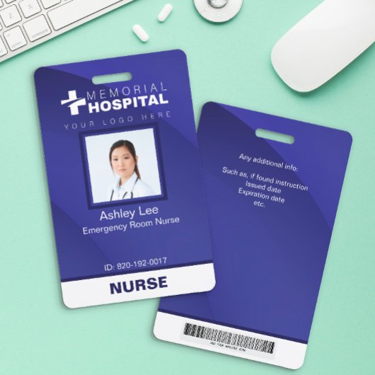 Badge d'identification d'hôpital bleu avec photo e