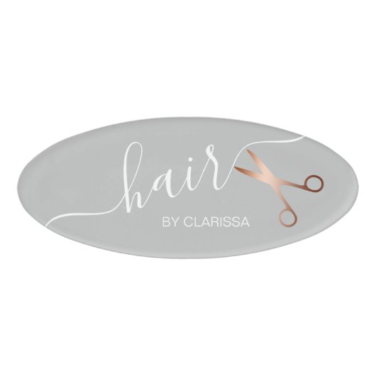 Badge D'identification Elégant ciseaux d'or rose moderne coiffeur (Devant)