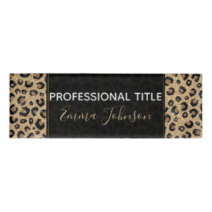 Badge D'identification Elegant Gold Glitter Black Leopard