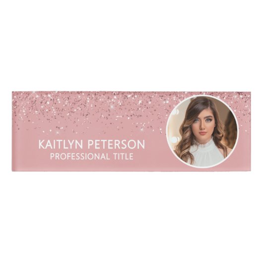 Badge D'identification Elegant Pink Glitter Employee Photo ID (Devant)