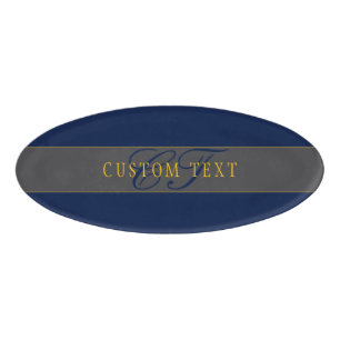 Badge D'identification Élégant Script Monogram Dark Navy Blue Grey & Gold
