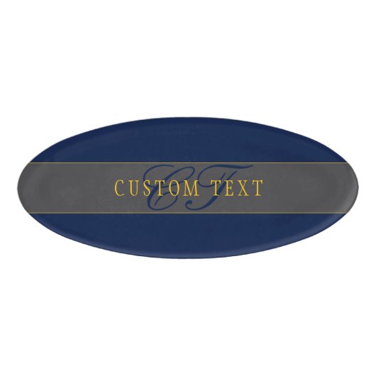 Badge D'identification Élégant Script Monogram Dark Navy Blue Grey & Gold (Devant)