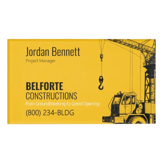 Badge D'identification Étiquette de nom de construction, design grue jaun (Devant)