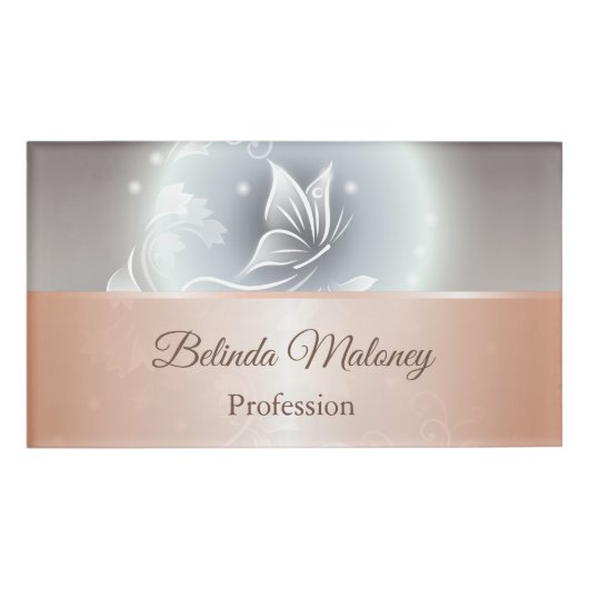 Badge D'identification Gray Butterfly Floral Rose Gold (Devant)