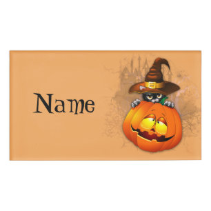 Badge D'identification Halloween Cute Kitty Witch et ami Citrouille
