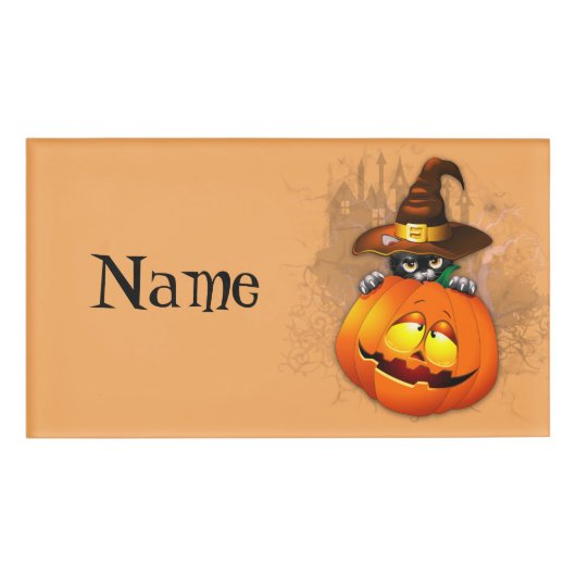 Badge D'identification Halloween Cute Kitty Witch et ami Citrouille (Devant)