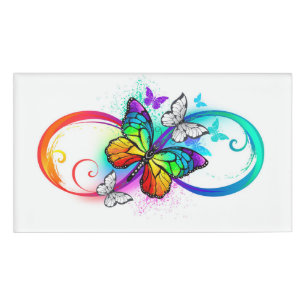 Badge D'identification Infini lumineux avec papillon arc-en-ciel