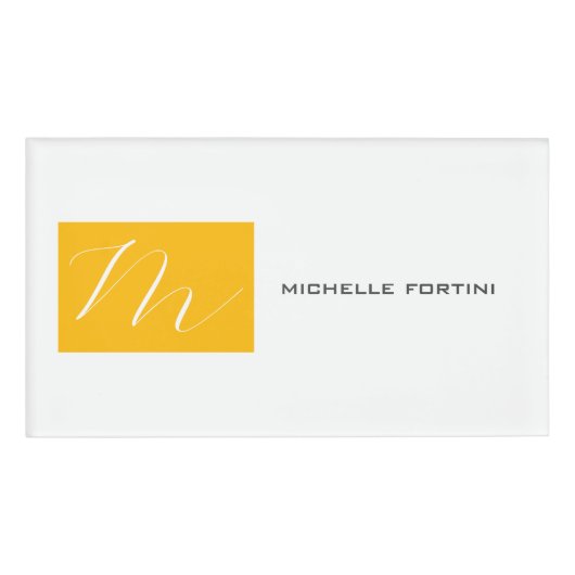 Badge D'identification Joli Monogramme Jaune Blanc Moderne Plaine (Devant)