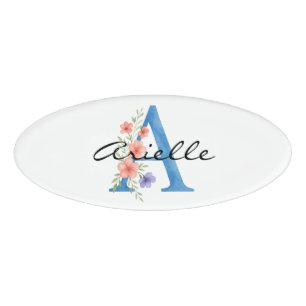 Badge D'identification LETTRE Florale Aquarelle personnalisée Un monogram