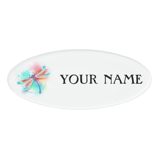 Badge D'identification Libellule rouge sur fond aquarelle (Devant)