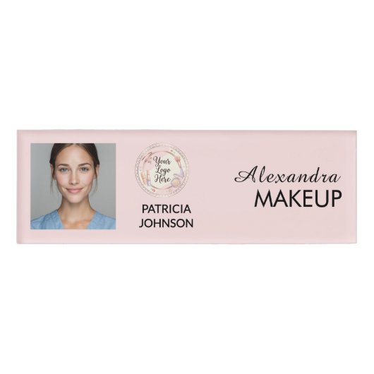 Badge D'identification Logo de script rose poudré Photo Maquillage (Devant)