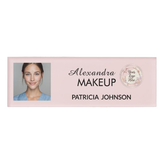 Badge D'identification Logo de script rose poudré Photo Maquillage (Devant)