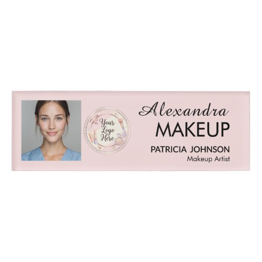 Badge D'identification Logo de script rose poudré Photo Maquillage (Devant)