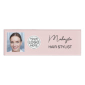 Badge D'identification Logo de stylet d'écriture rose Blush Photo Coiffeu (Devant)