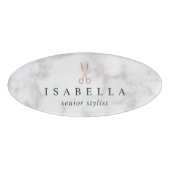 Badge D'identification Logo des ciseaux en or marbre et Rose | Salon (Devant)
