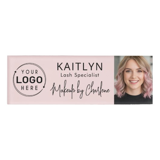 Badge D'identification Logo Photo Rose Pâle Script Maquillage (Devant)