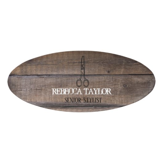 Badge D'identification Logo Salon des ciseaux de bois rustique Indicateur (Devant)