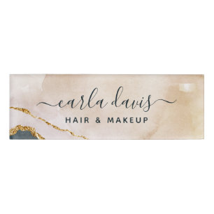 Badge D'identification Marbre Rose Noir Or Aquarelle Script Signature