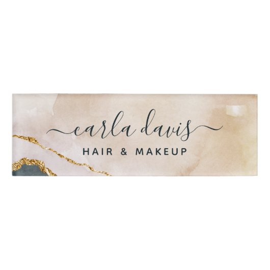 Badge D'identification Marbre Rose Noir Or Aquarelle Script Signature (Devant)