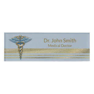 Badge D'identification Médicale Gold Faux Foil Stripes Bleu clair Caduceu