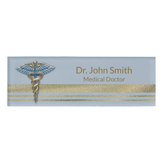 Badge D'identification Médicale Gold Faux Foil Stripes Bleu clair Caduceu (Devant)