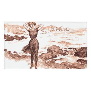 Badge D'identification Mermaid Beach Gibson Girl Victorian Antique