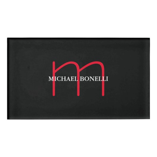 Badge D'identification Noir moderne rouge monogramme professionnel (Devant)