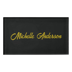 Badge D'identification Nom Moderne Minimaliste Noir Couleur Or Manuscrit