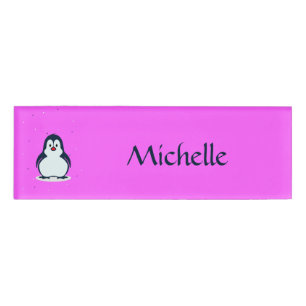 Badge D'identification Nom personnalisé pingouin mignon sur rose